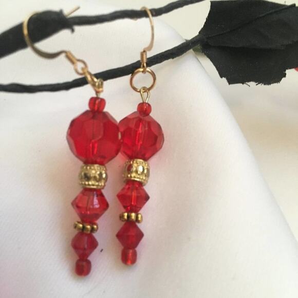 Ruby Red Gold Beaded Earrings - Picture 1 of 4